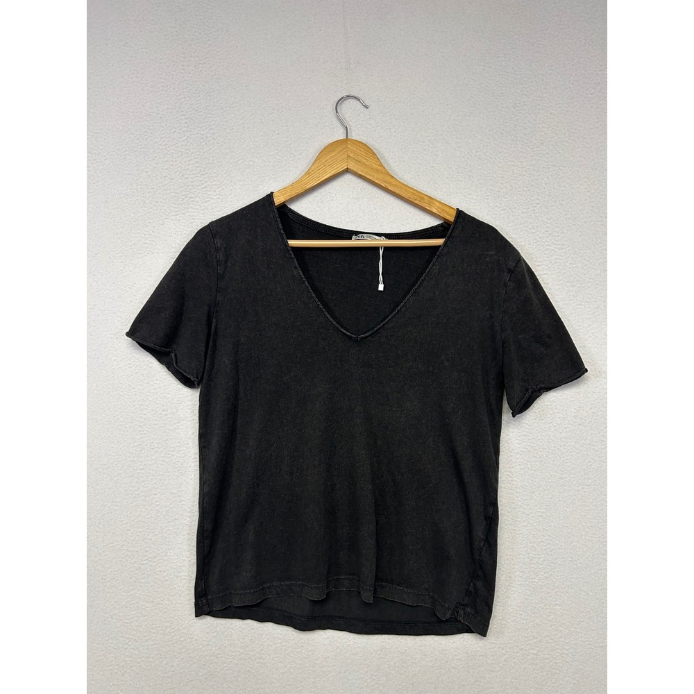 Minimalist Grunge Zara Womens Medium Black V-Neck Raw Hem Short Sleeve T-Shirt